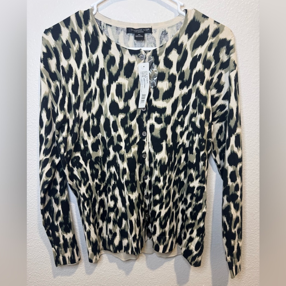 August Silk Leopard Print Cardigan Black Womens Button Down Sweater‎